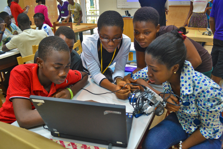 Students working with robotics at Ashesi University in Ghana