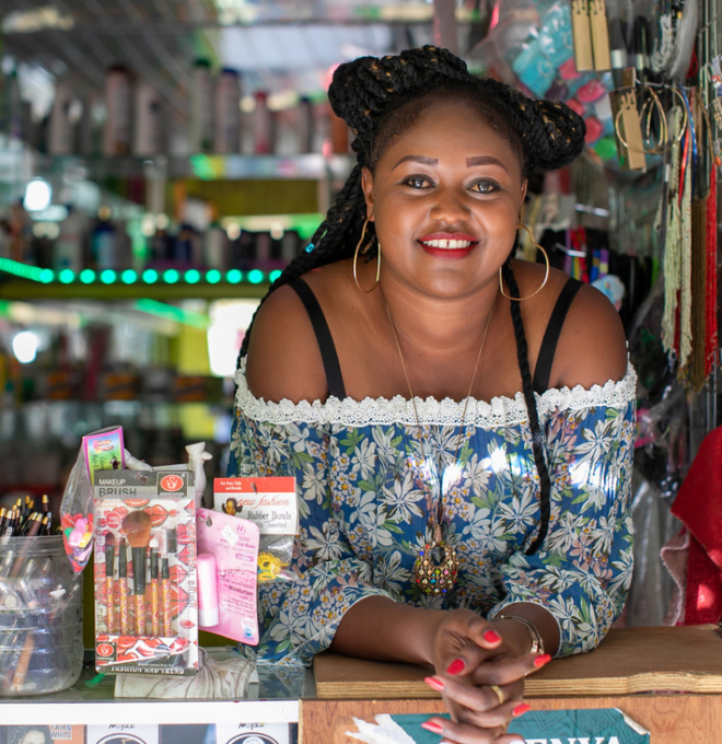 Wendy Chelgat at her store in Nairobi, Kenya. Wendy participated in The Mastercard Foundation partnership with CAP Youth Empowerment Institute.