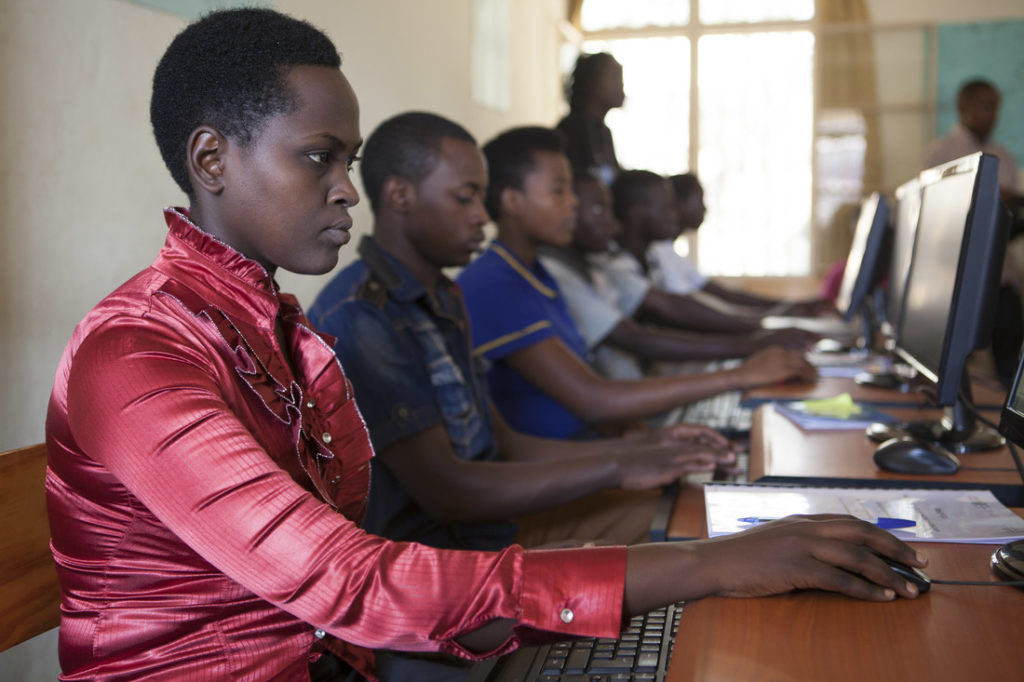 Young people in Kayonza District, Rwanda, participate in an online training program offered by TechnoServe in partnership with Mastercard Foundation