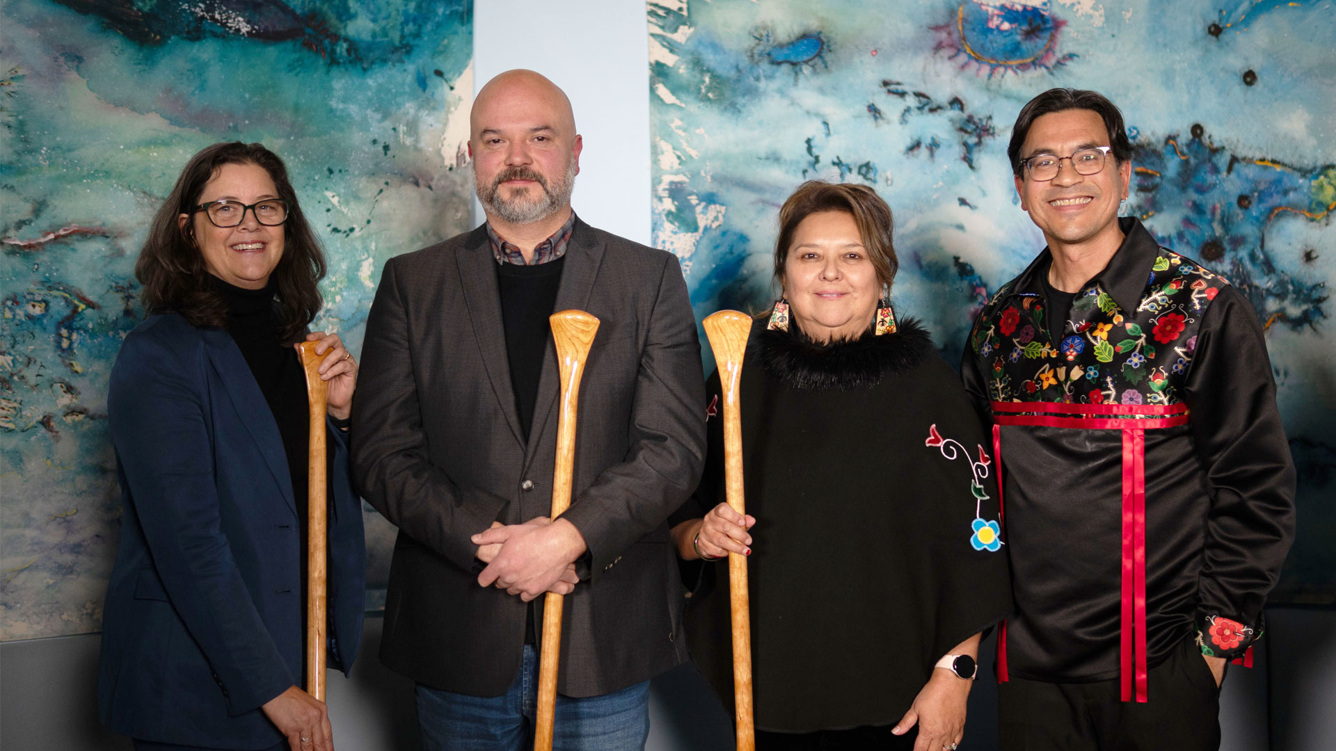 From left to right: Jennifer Brennan, Senior Director, Canada Programs at the Mastercard Foundation; Adam Hopkins, Senior Vice President, Academic, First Nations Technical Institute; Beverley Roy, President, Kenjgewin Teg; Duncan Mccue, Associate Professor, CJIIC Director, Carleton University School of Journalism and Communication